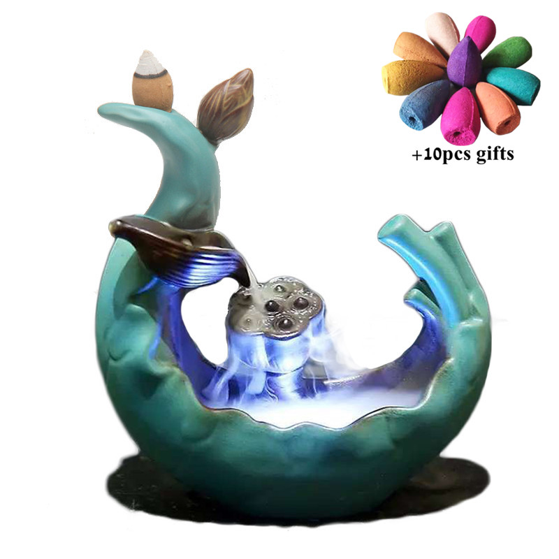 Ceramic Antique LED Lotus Backflow Incense Burner Smoke Waterfall