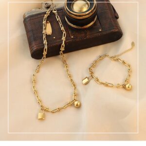 Sense Of Personality Stainless Steel 18k Gold Lock Beads Necklace Bracelet