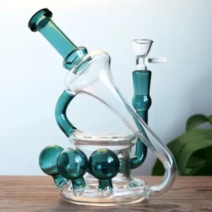 Dark Green Concentrate Dab Rig Inline Percolator Glass Bong Bubbler with 14mm Banger Bent Neck Diffused Water Pipes  0097