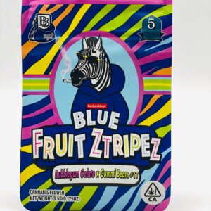 50 Blue Fruit Ztripez 3.5-gram empty Mylar bags.