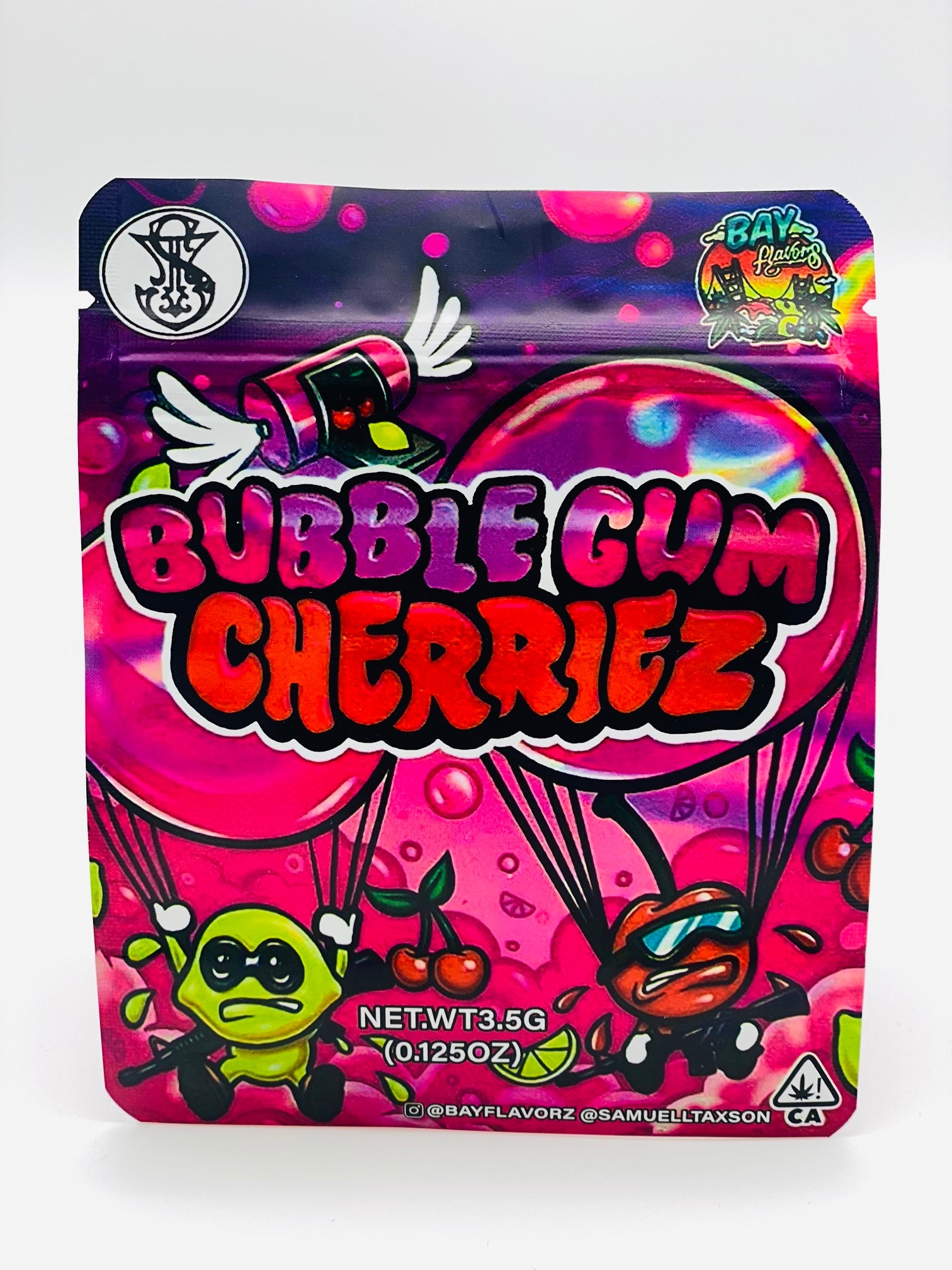 50 Bubble Gum Cherries 3.5-gram empty Mylar bags.